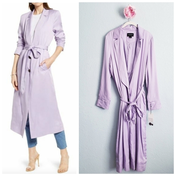 Something Navy Lilac Purple Elongated Collar Belted Trench Coat - Picture 1 of 12